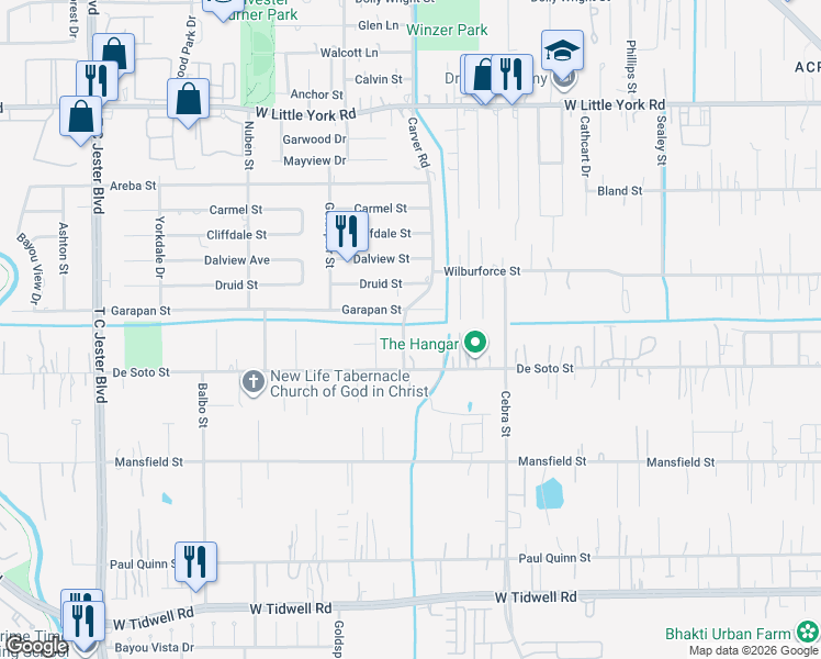 map of restaurants, bars, coffee shops, grocery stores, and more near 6238 Carver Road in Houston
