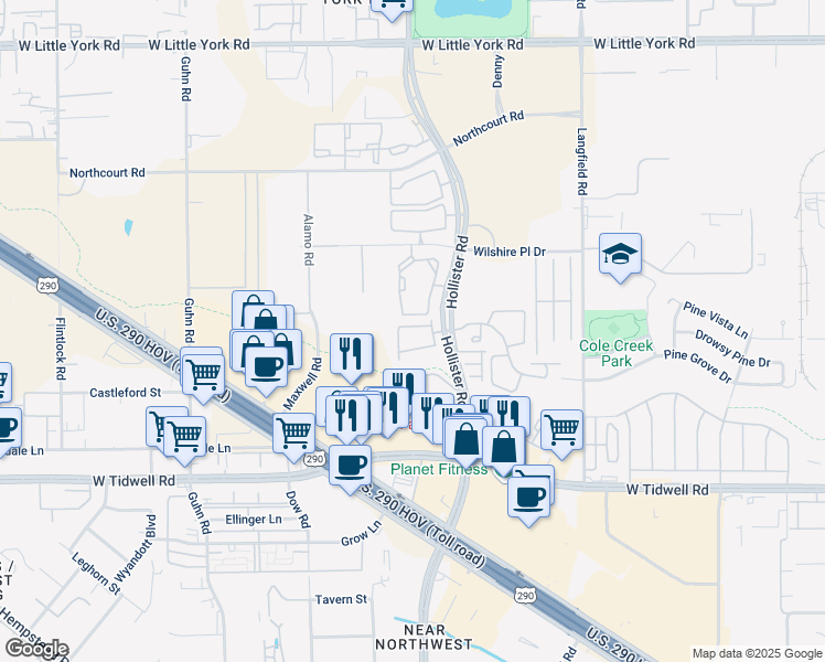 map of restaurants, bars, coffee shops, grocery stores, and more near 7519 North Linpar Court in Houston