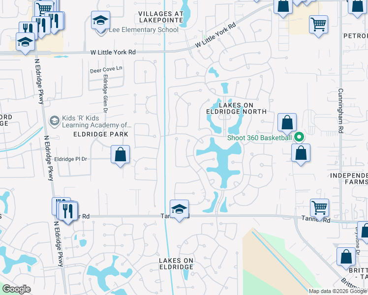 map of restaurants, bars, coffee shops, grocery stores, and more near 5935 Santa Fe Springs Drive in Houston