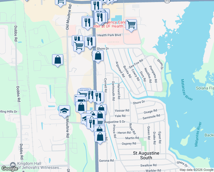 map of restaurants, bars, coffee shops, grocery stores, and more near 221 Cornell Road in St. Augustine