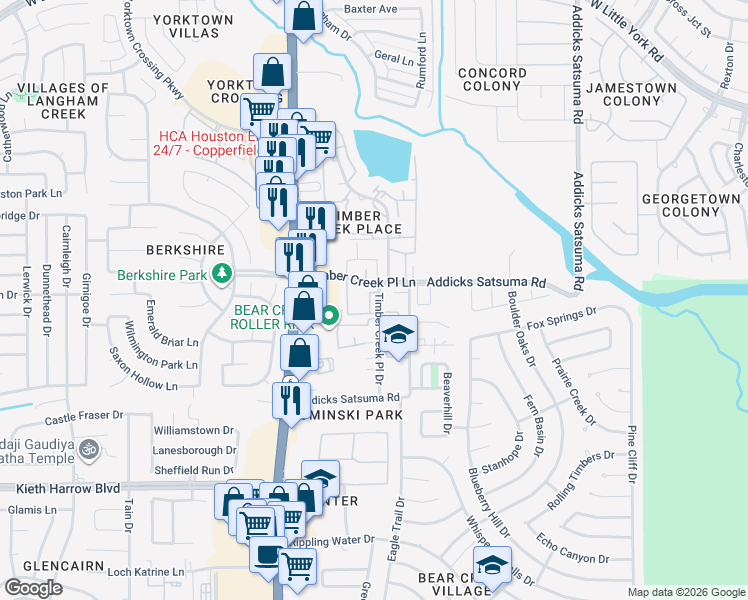 map of restaurants, bars, coffee shops, grocery stores, and more near 12 Timber Creek Place Drive in Houston