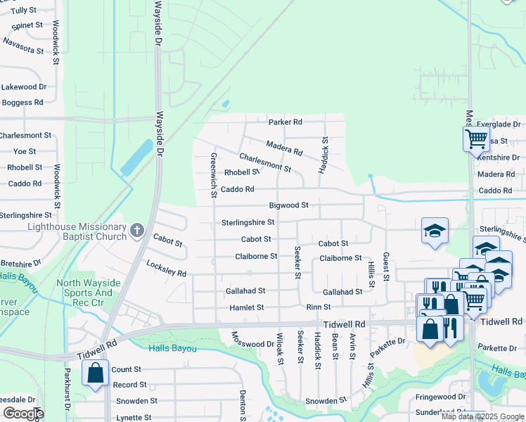 map of restaurants, bars, coffee shops, grocery stores, and more near 8221 Bigwood Street in Houston