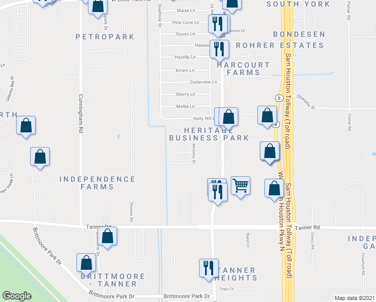 map of restaurants, bars, coffee shops, grocery stores, and more near 6005 Shorthorn Lane in Houston