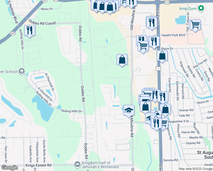 map of restaurants, bars, coffee shops, grocery stores, and more near 284 North Hidden Tree Drive in St. Augustine