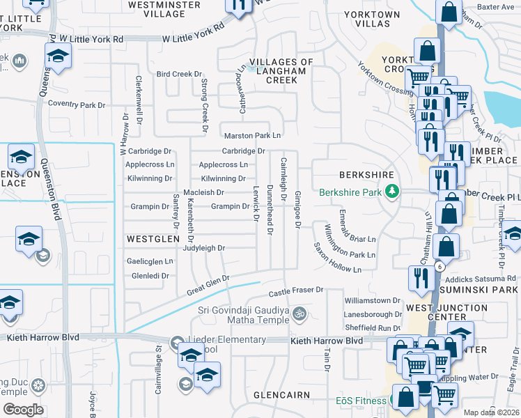 map of restaurants, bars, coffee shops, grocery stores, and more near 5322 Lerwick Drive in Houston