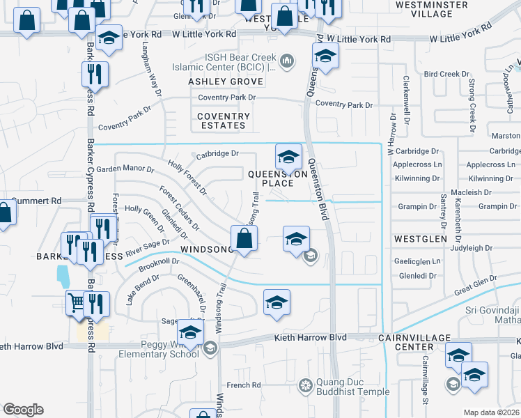 map of restaurants, bars, coffee shops, grocery stores, and more near 5622 Windsong Trail in Houston