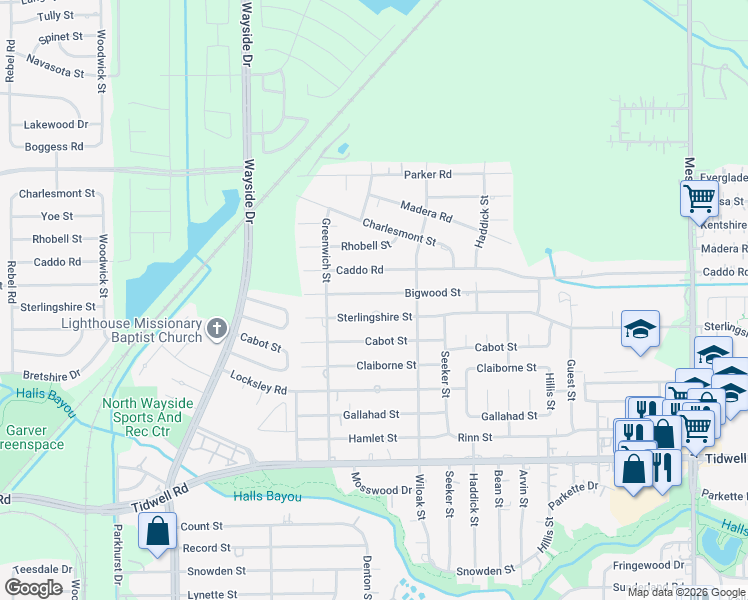 map of restaurants, bars, coffee shops, grocery stores, and more near 8210 Bigwood Street in Houston