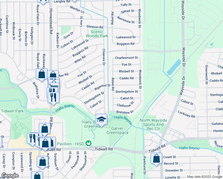 map of restaurants, bars, coffee shops, grocery stores, and more near 9929 Rebel Road in Houston