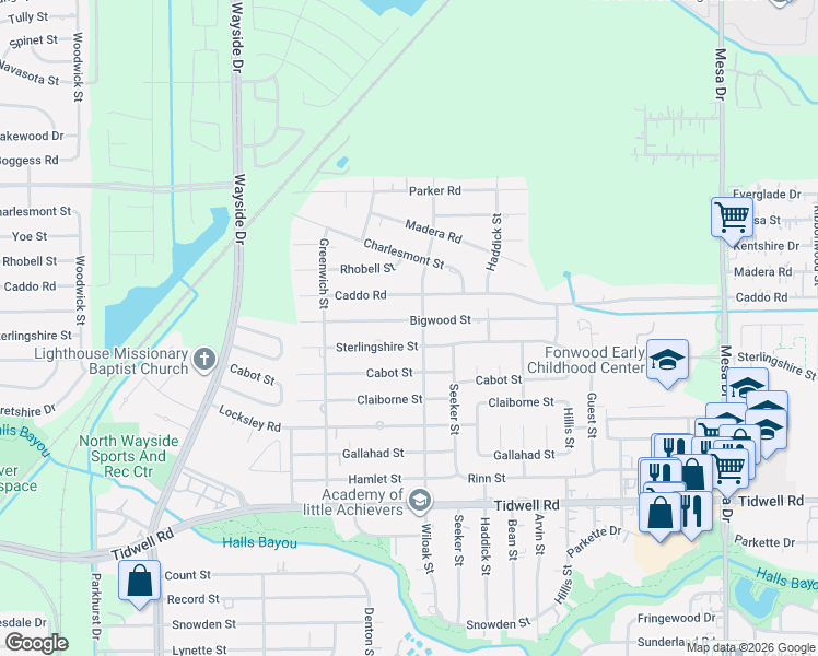 map of restaurants, bars, coffee shops, grocery stores, and more near 8221 Bigwood Street in Houston