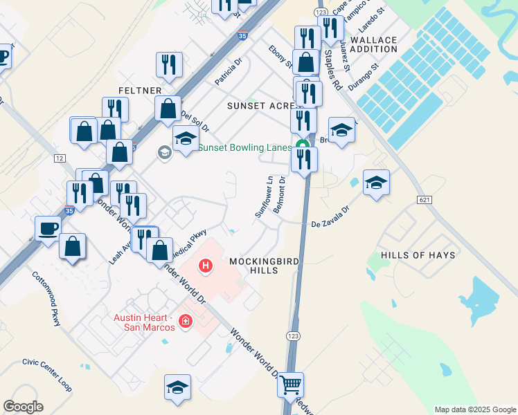 map of restaurants, bars, coffee shops, grocery stores, and more near 1404 Sunflower Lane in San Marcos