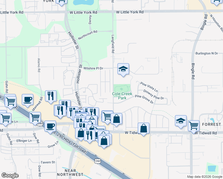 map of restaurants, bars, coffee shops, grocery stores, and more near 6318 Wilshire Fern in Houston