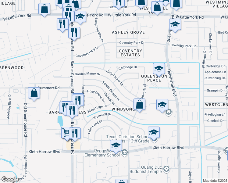 map of restaurants, bars, coffee shops, grocery stores, and more near 18090 Forest Cedars Drive in Houston