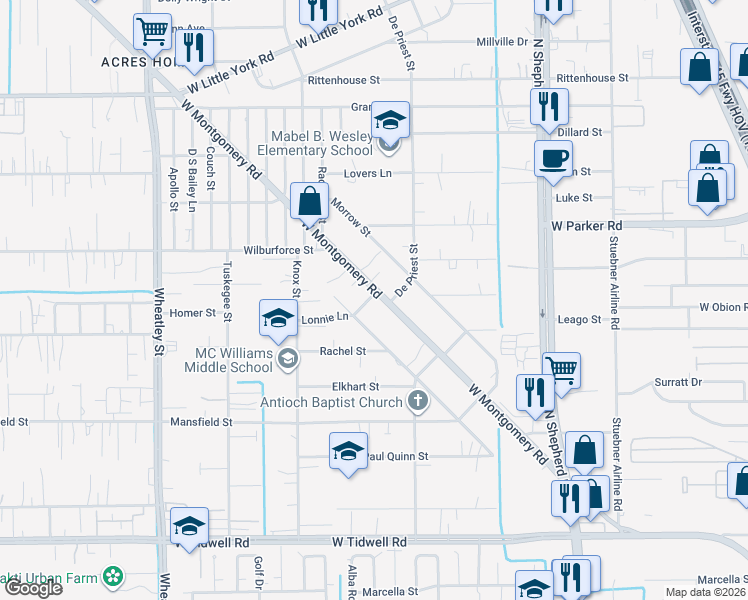 map of restaurants, bars, coffee shops, grocery stores, and more near 6517 West Montgomery Road in Houston