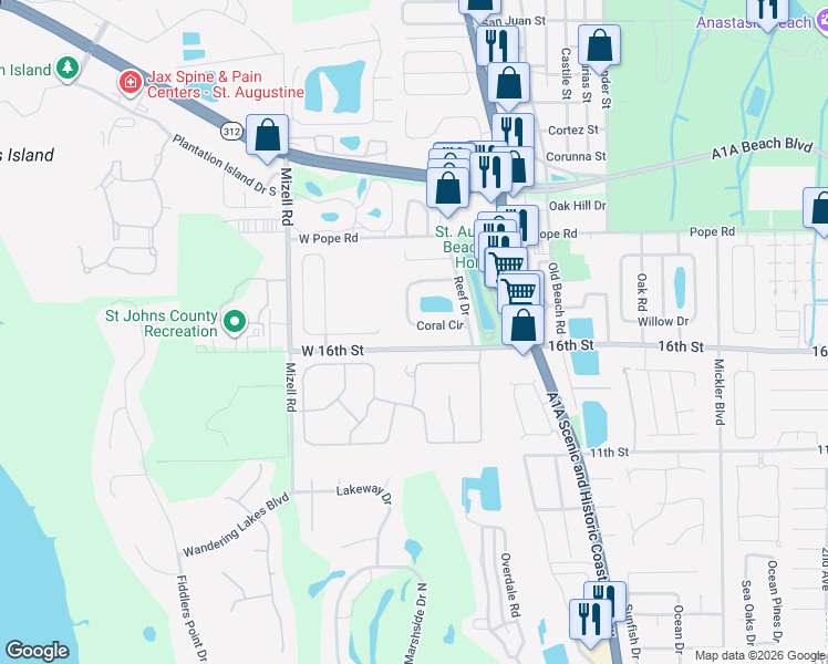 map of restaurants, bars, coffee shops, grocery stores, and more near 668 Coral Circle in St. Augustine