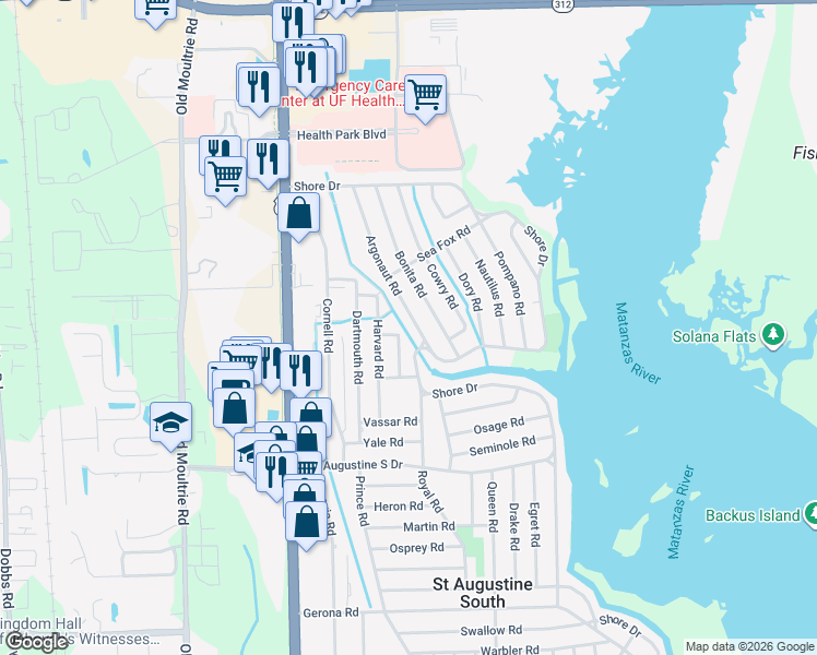 map of restaurants, bars, coffee shops, grocery stores, and more near 234 Argonaut Road in St. Augustine