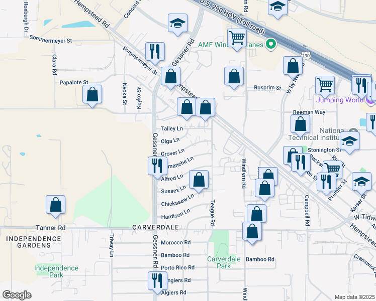map of restaurants, bars, coffee shops, grocery stores, and more near 10051 Grover Lane in Houston