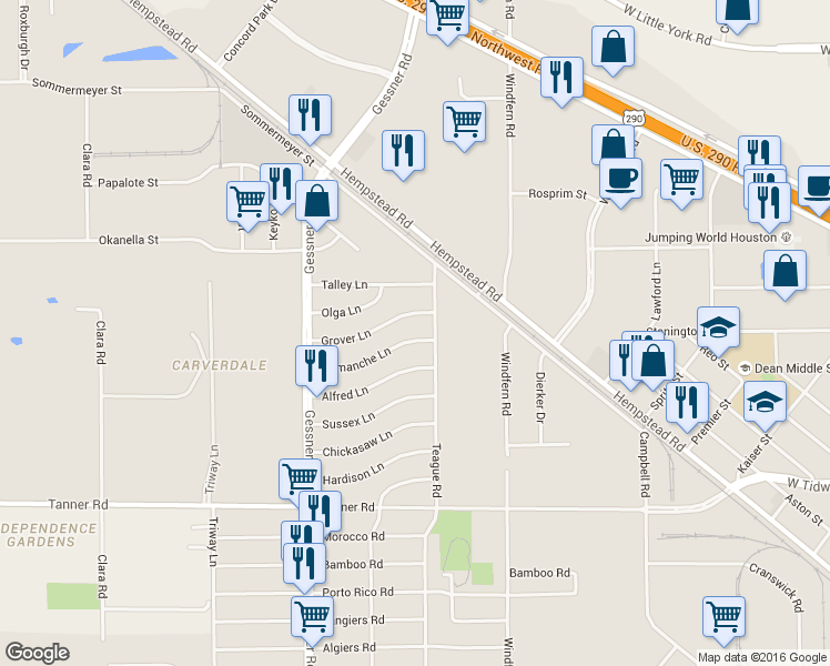 map of restaurants, bars, coffee shops, grocery stores, and more near 10014 Comanche Lane in Houston