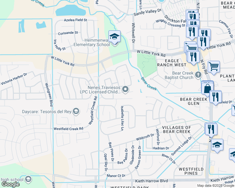 map of restaurants, bars, coffee shops, grocery stores, and more near 5403 Sunfall Bend Lane in Katy