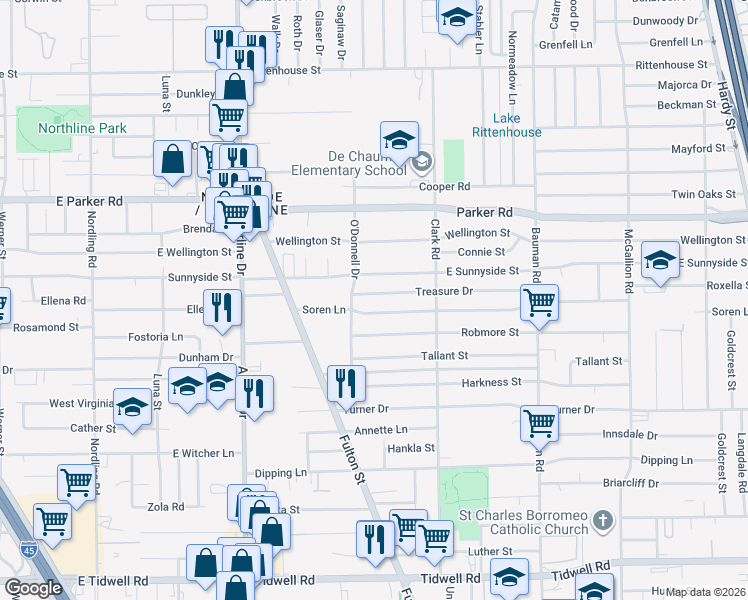 map of restaurants, bars, coffee shops, grocery stores, and more near 116 Treasure Drive in Houston