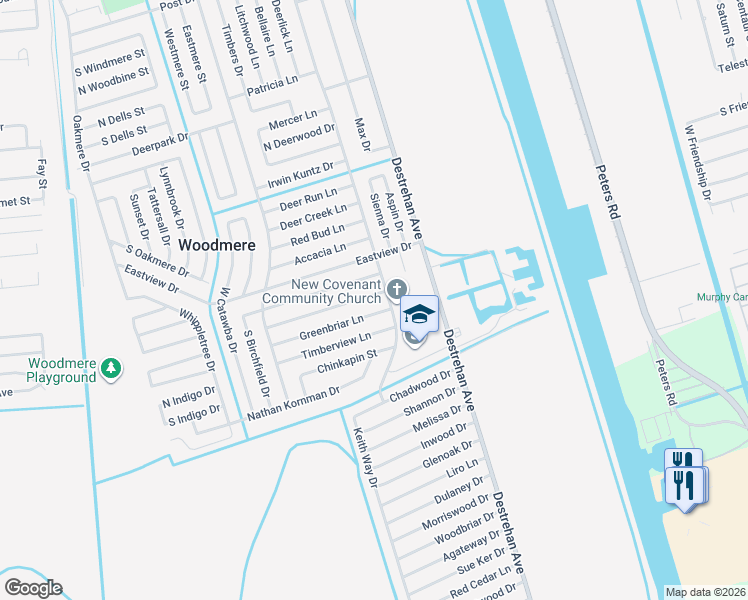 map of restaurants, bars, coffee shops, grocery stores, and more near 3809 Chriswood Lane in Harvey