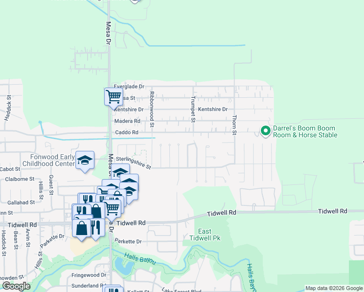 map of restaurants, bars, coffee shops, grocery stores, and more near 9838 Balsam Lane in Houston