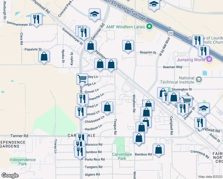 map of restaurants, bars, coffee shops, grocery stores, and more near 10014 Comanche Lane in Houston