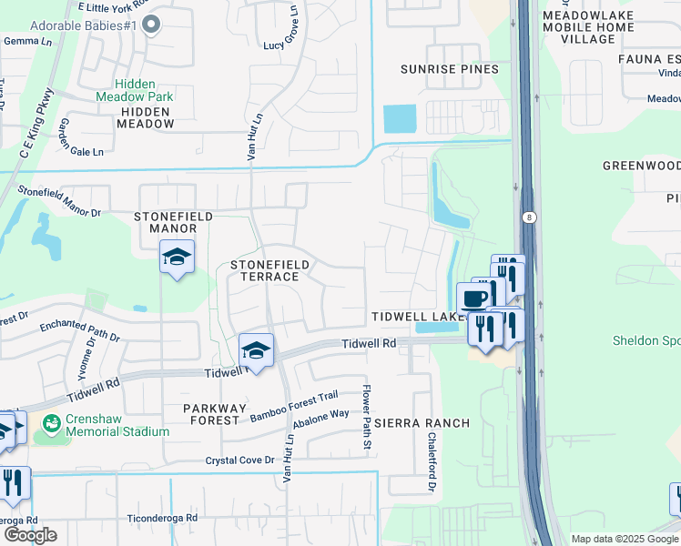map of restaurants, bars, coffee shops, grocery stores, and more near 13126 Terrace Run Lane in Houston