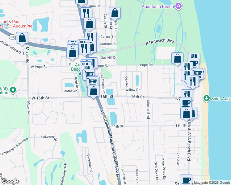map of restaurants, bars, coffee shops, grocery stores, and more near 157 Kings Quarry Lane in St. Augustine