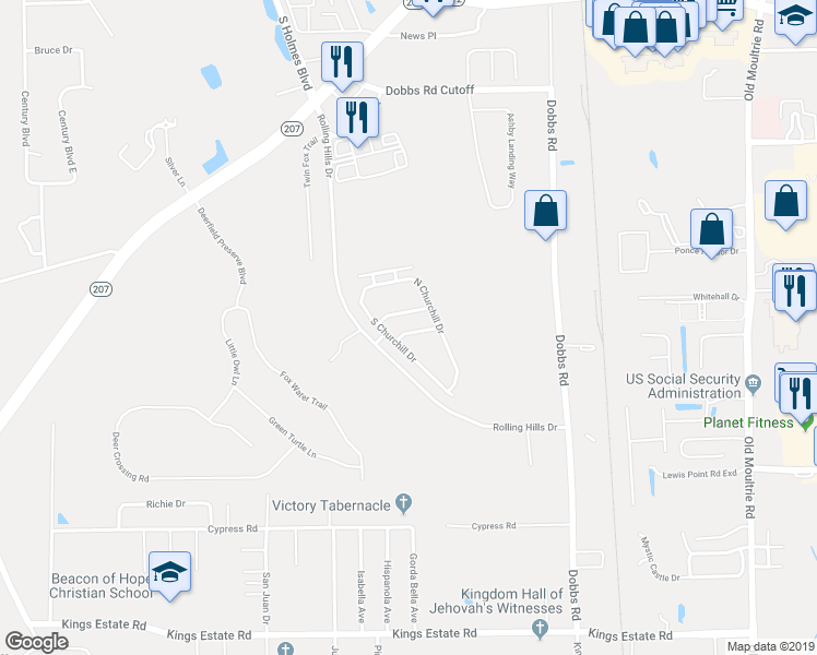 map of restaurants, bars, coffee shops, grocery stores, and more near 508 Chadwick Drive in St. Augustine