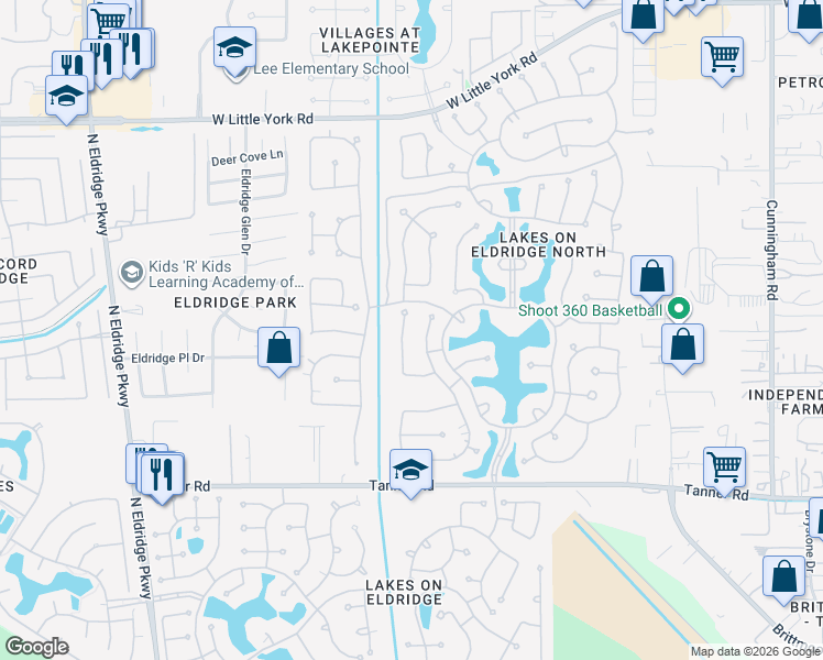 map of restaurants, bars, coffee shops, grocery stores, and more near 5935 Santa Fe Springs Drive in Houston