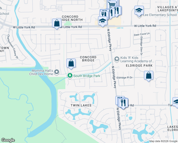 map of restaurants, bars, coffee shops, grocery stores, and more near 13415 Harpers Bridge Drive in Houston