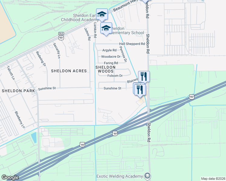 map of restaurants, bars, coffee shops, grocery stores, and more near 17022 Sunshine Street in Houston