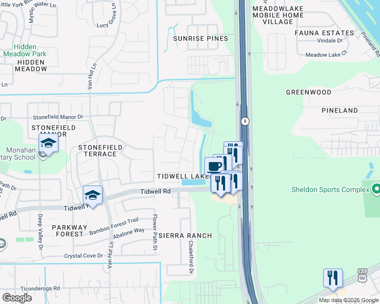 map of restaurants, bars, coffee shops, grocery stores, and more near 9119 Saint Laurent Lane in Houston