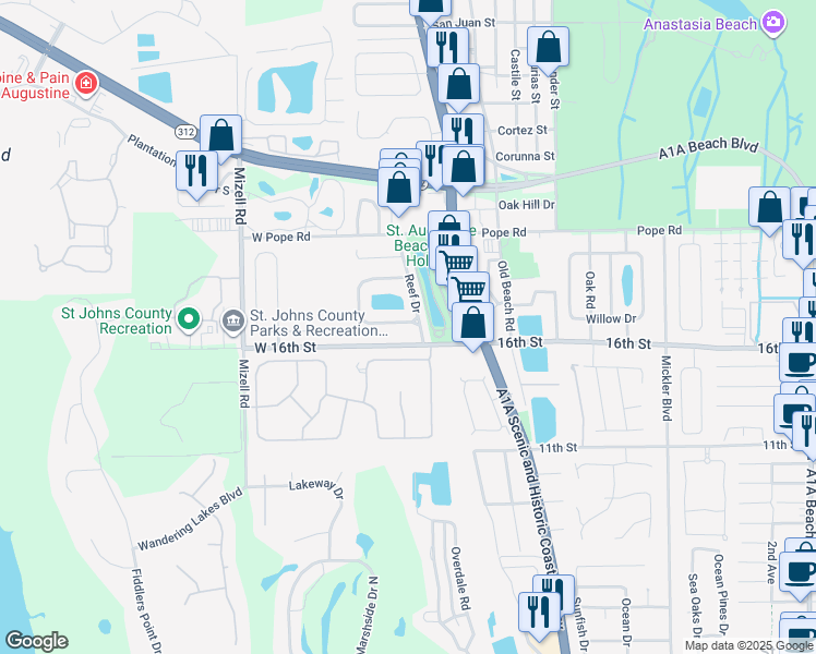 map of restaurants, bars, coffee shops, grocery stores, and more near 690 Coral Circle in St. Augustine