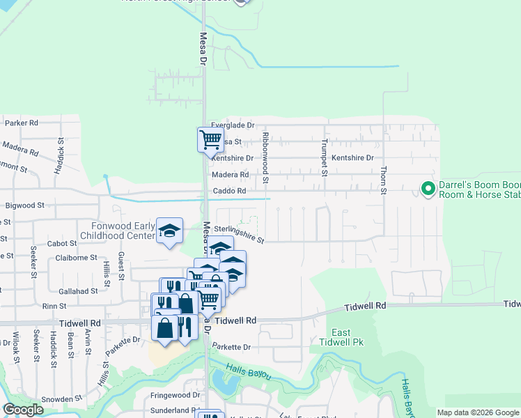 map of restaurants, bars, coffee shops, grocery stores, and more near 9843 Ribbonwood Street in Houston