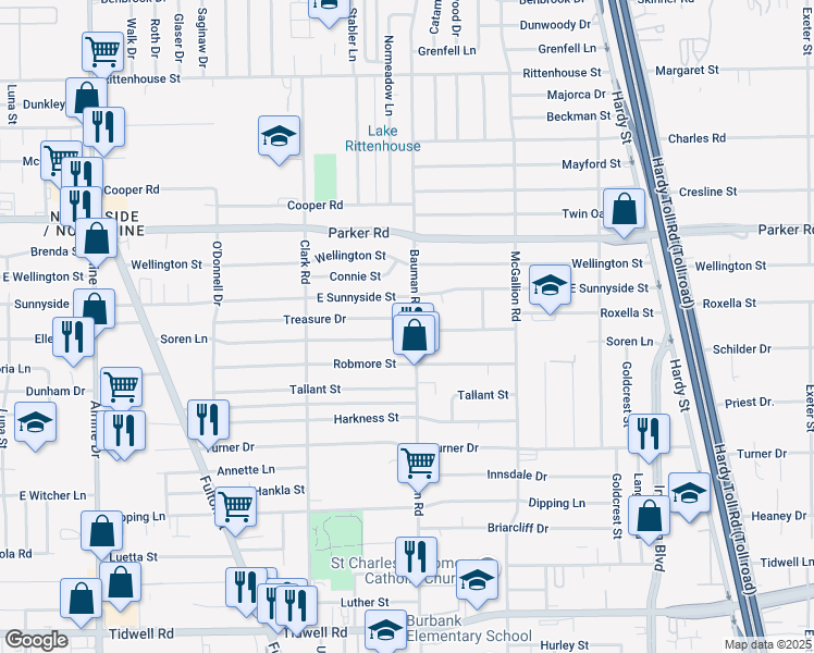 map of restaurants, bars, coffee shops, grocery stores, and more near 262 Treasure Drive in Houston