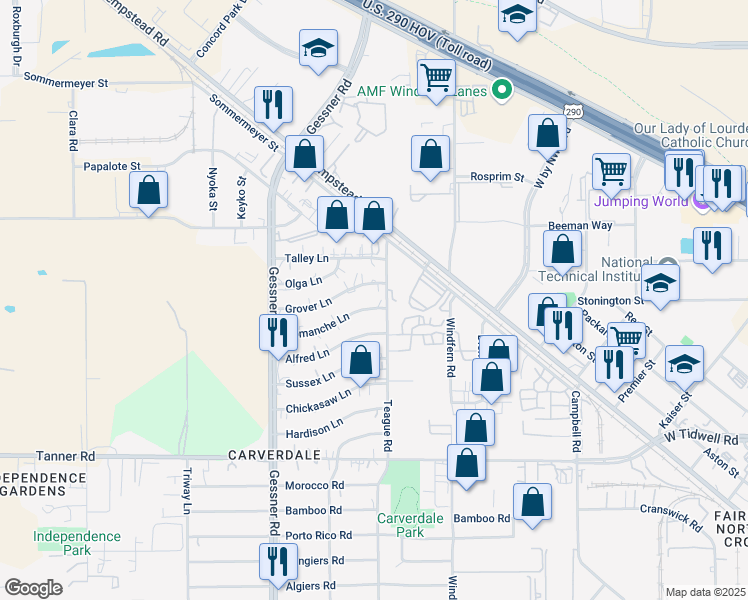 map of restaurants, bars, coffee shops, grocery stores, and more near 10014 Comanche Lane in Houston