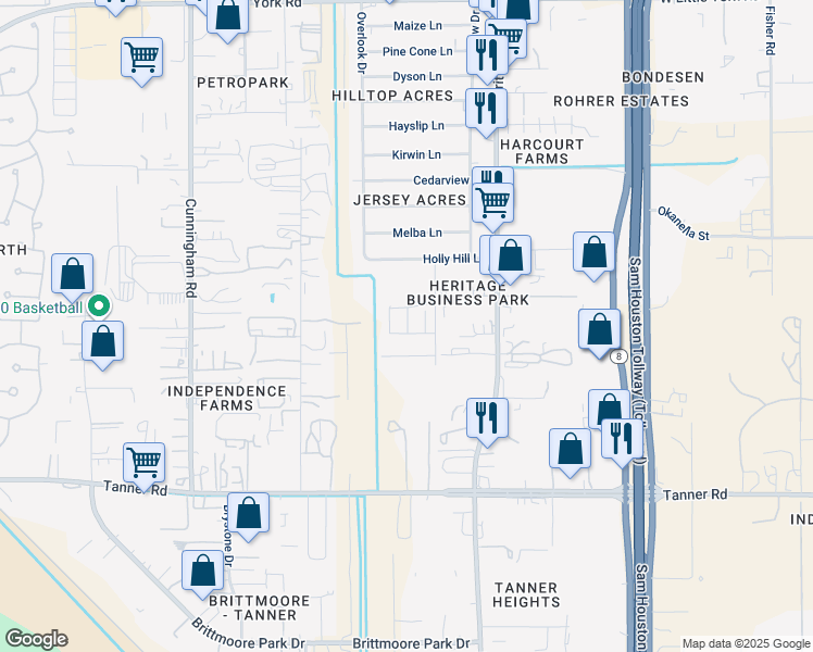 map of restaurants, bars, coffee shops, grocery stores, and more near 6005 Shorthorn Lane in Houston