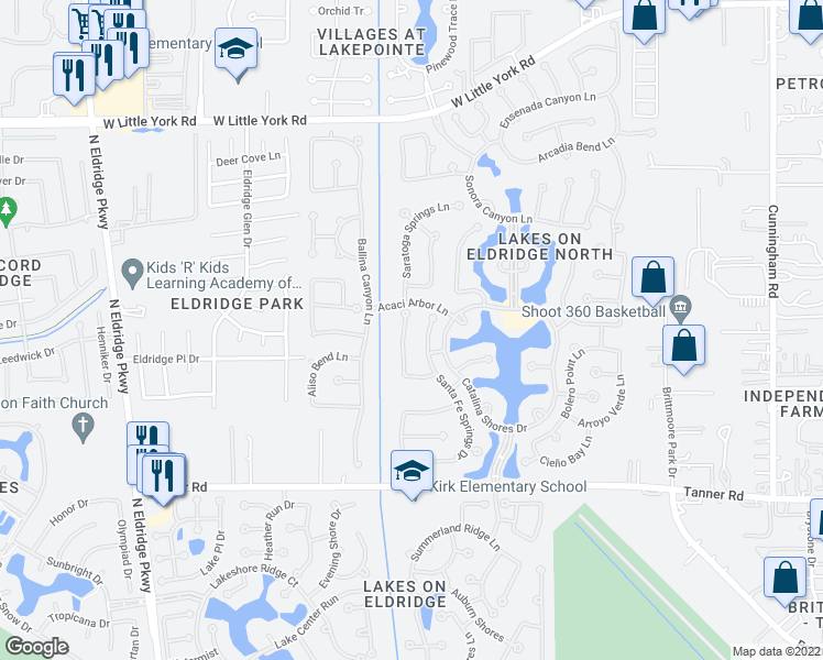 map of restaurants, bars, coffee shops, grocery stores, and more near 5935 Santa Fe Springs Drive in Houston
