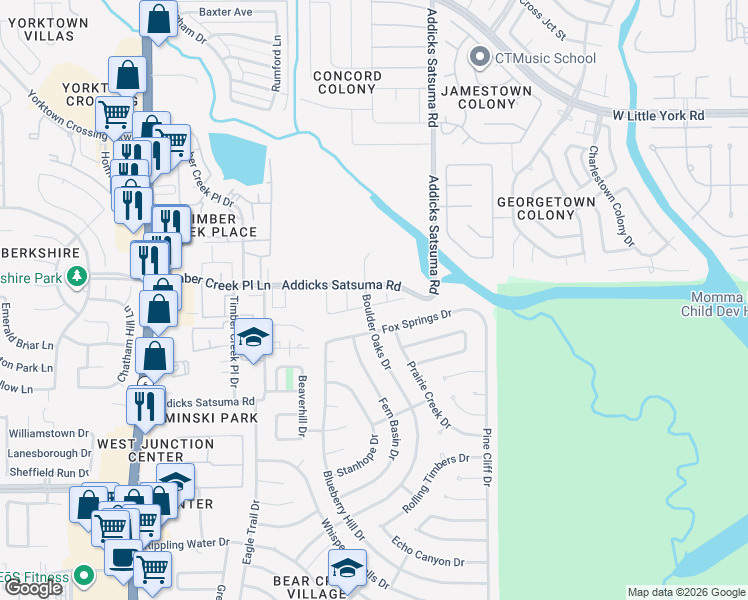 map of restaurants, bars, coffee shops, grocery stores, and more near 15515 Boulder Oaks Drive in Houston