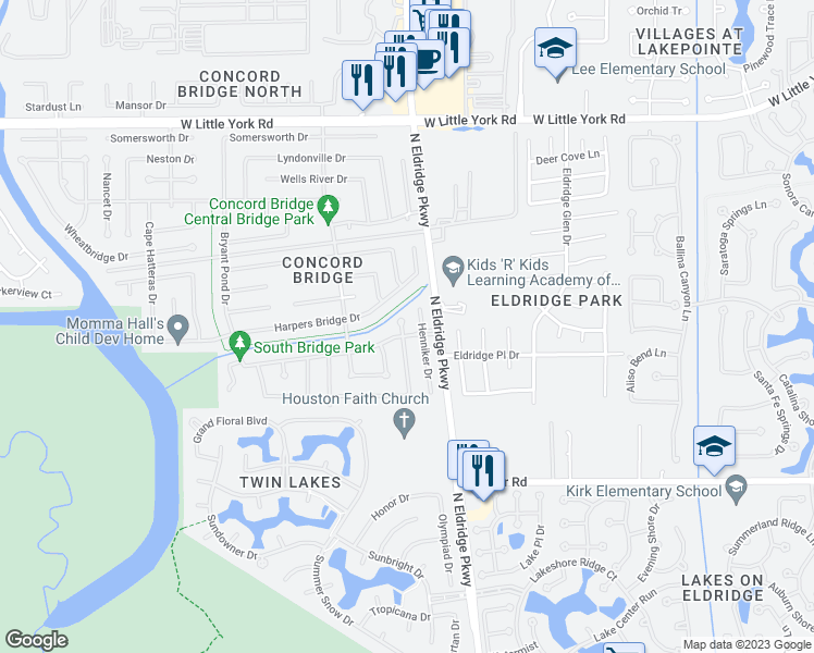 map of restaurants, bars, coffee shops, grocery stores, and more near 5804 Malcomboro Drive in Houston