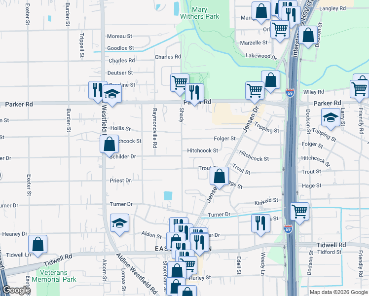 map of restaurants, bars, coffee shops, grocery stores, and more near 9902 Shady Lane in Houston