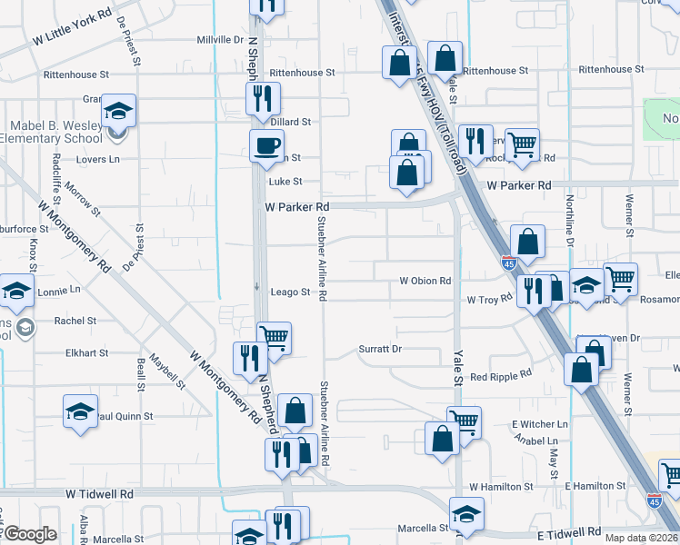 map of restaurants, bars, coffee shops, grocery stores, and more near 536 W Obion Rd in Houston