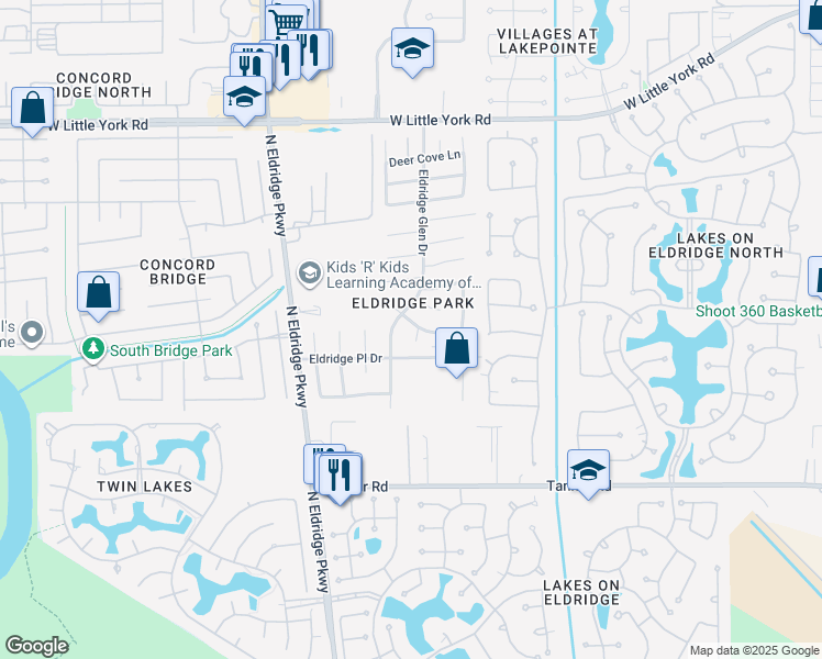 map of restaurants, bars, coffee shops, grocery stores, and more near 5819 Song Ridge Court in Houston