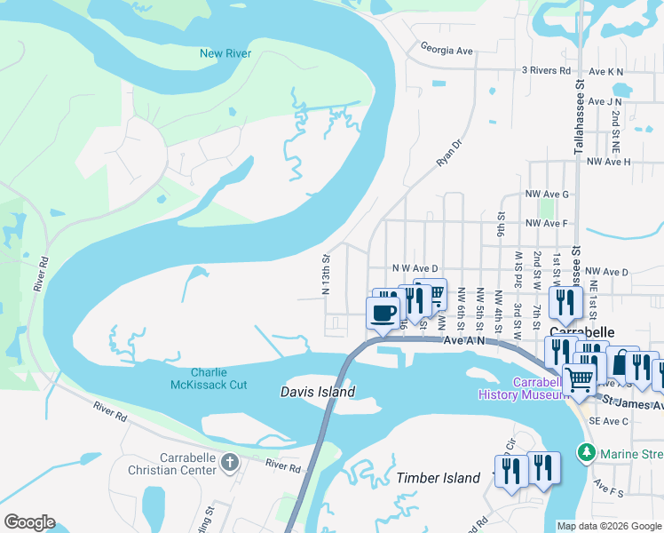 map of restaurants, bars, coffee shops, grocery stores, and more near 502 North 13th Street in Carrabelle