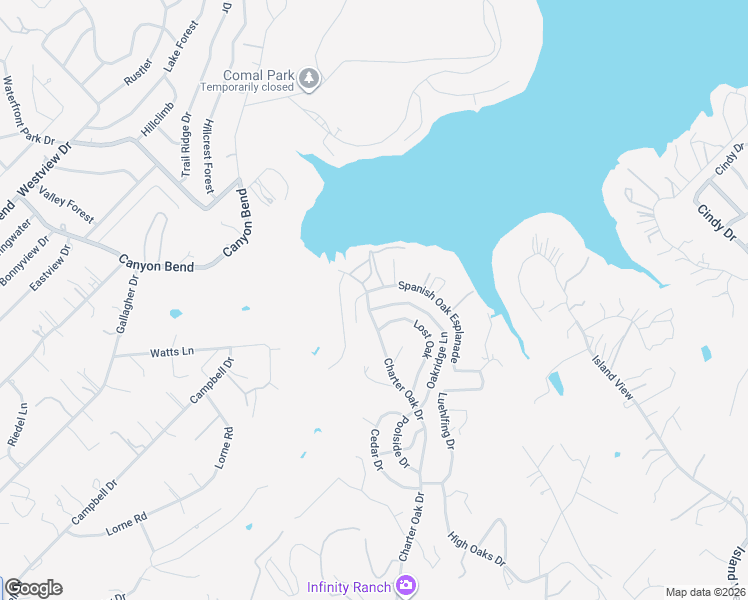 map of restaurants, bars, coffee shops, grocery stores, and more near 1800 Charter Oak Drive in Canyon Lake