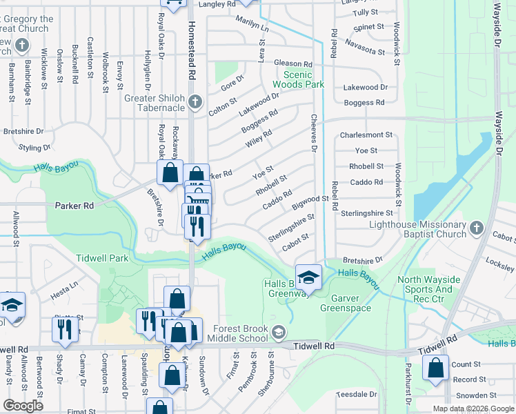 map of restaurants, bars, coffee shops, grocery stores, and more near 7325 Caddo Road in Houston