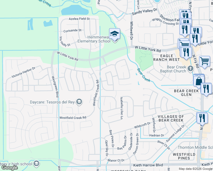 map of restaurants, bars, coffee shops, grocery stores, and more near 5403 Rustling Gates Lane in Katy