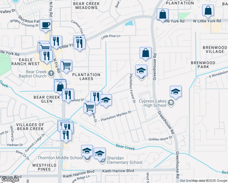 map of restaurants, bars, coffee shops, grocery stores, and more near 19534 Aventine Plantation Drive in Katy