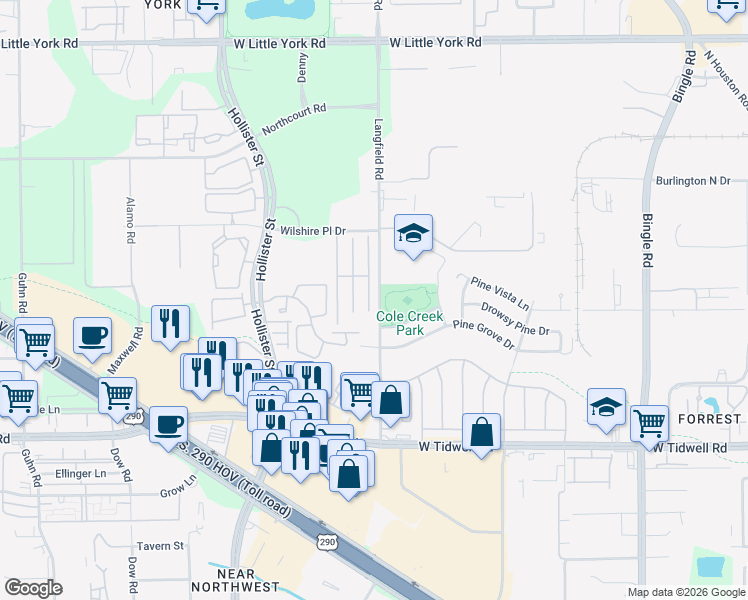 map of restaurants, bars, coffee shops, grocery stores, and more near 6322 Wilshire Fern in Houston
